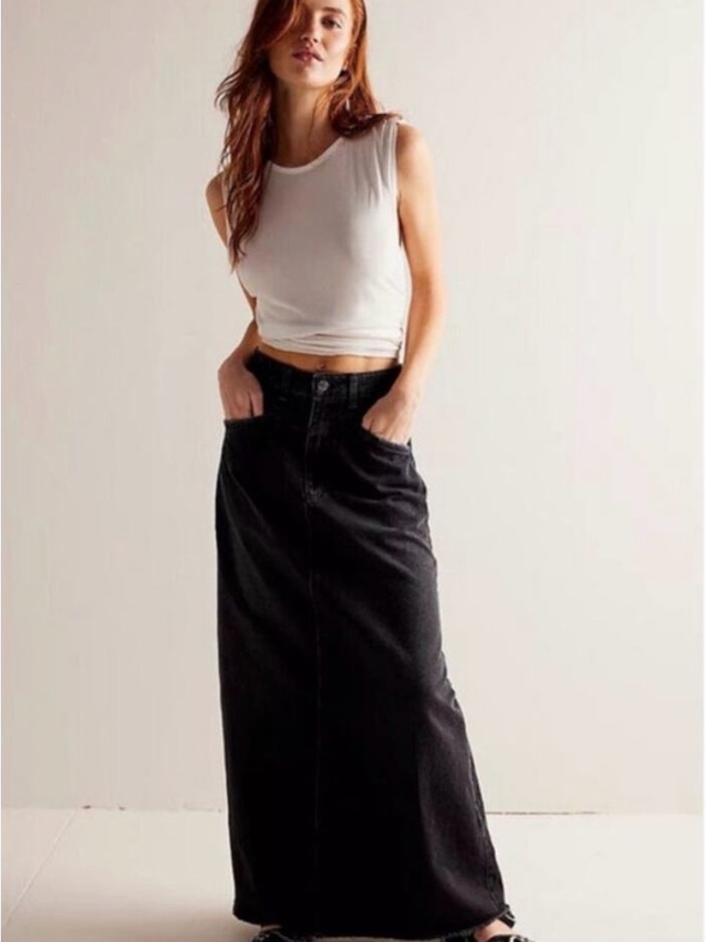 Free People Black Maxi Denim Skirt